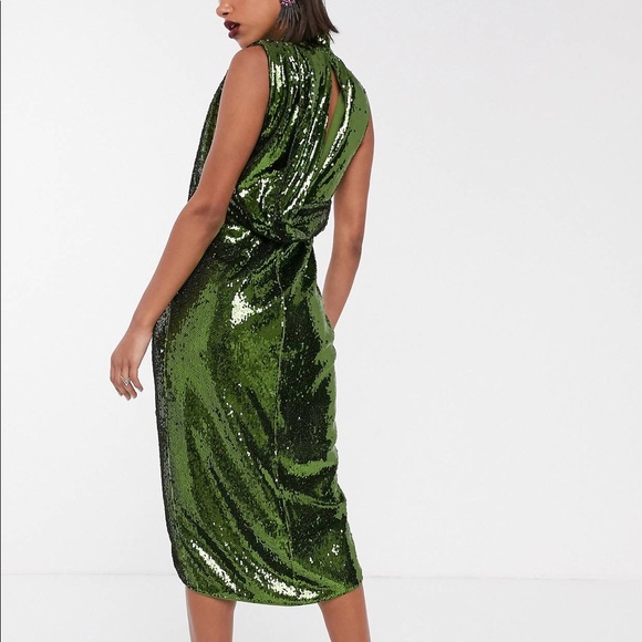 NWT ASOS Emerald Green sequin high neck wrap dress - Picture 2 of 8